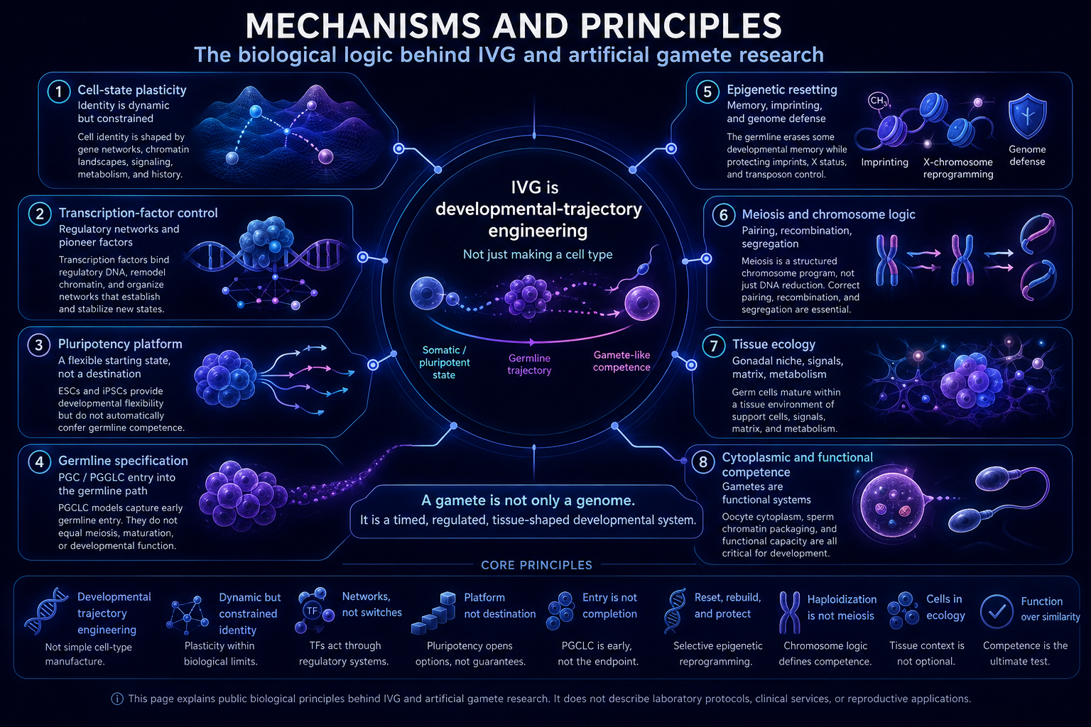 Mechanisms and principles map showing IVG as developmental-trajectory engineering, with modules for cell-state plasticity, transcription-factor control, pluripotency, germline specification, epigenetic resetting, meiosis, tissue ecology, and cytoplasmic and functional competence.