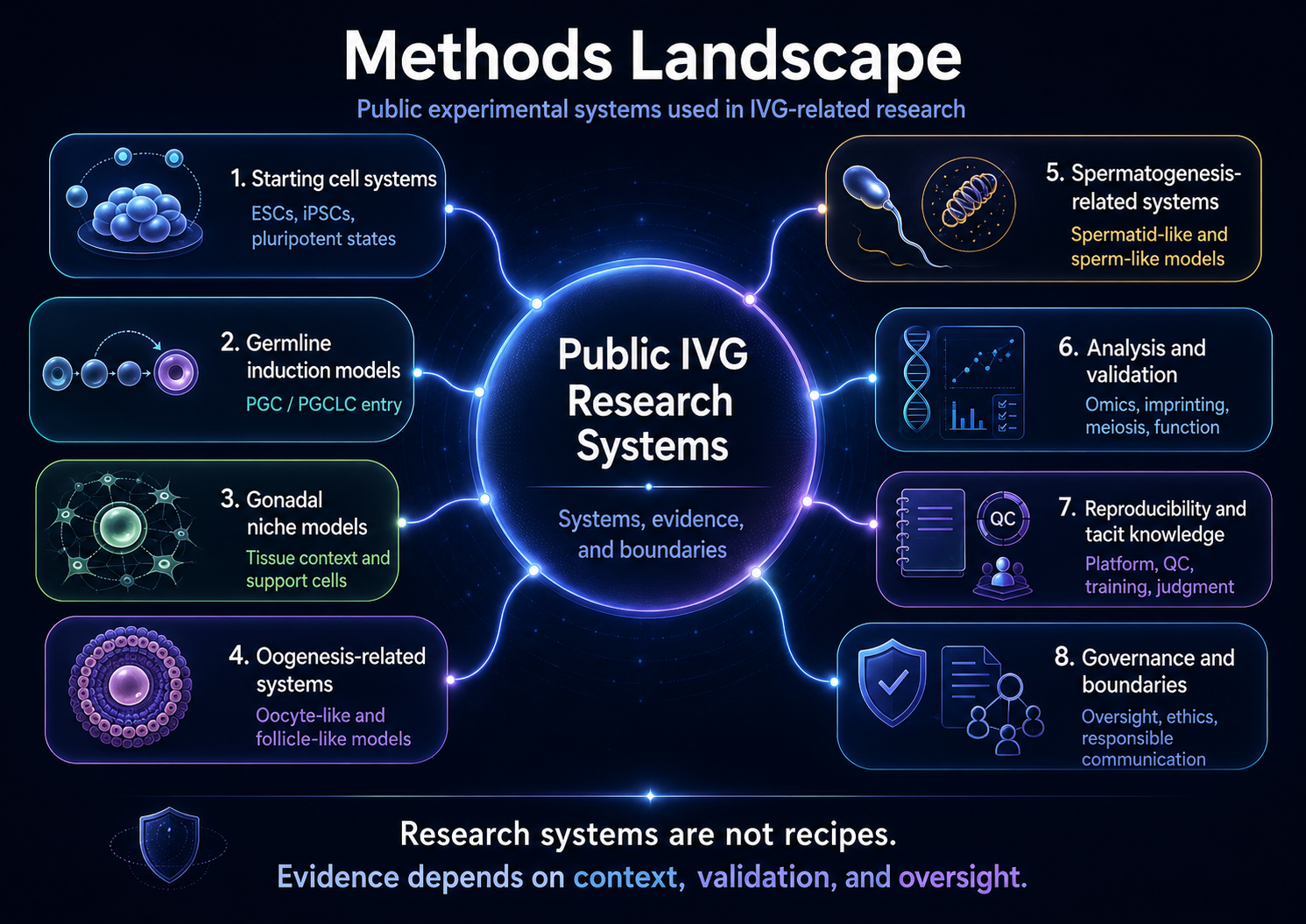 Methods Landscape map showing public IVG research systems, including starting cell systems, germline induction models, gonadal niche models, oogenesis-related systems, spermatogenesis-related systems, analysis and validation, reproducibility and tacit knowledge, and governance and boundaries.