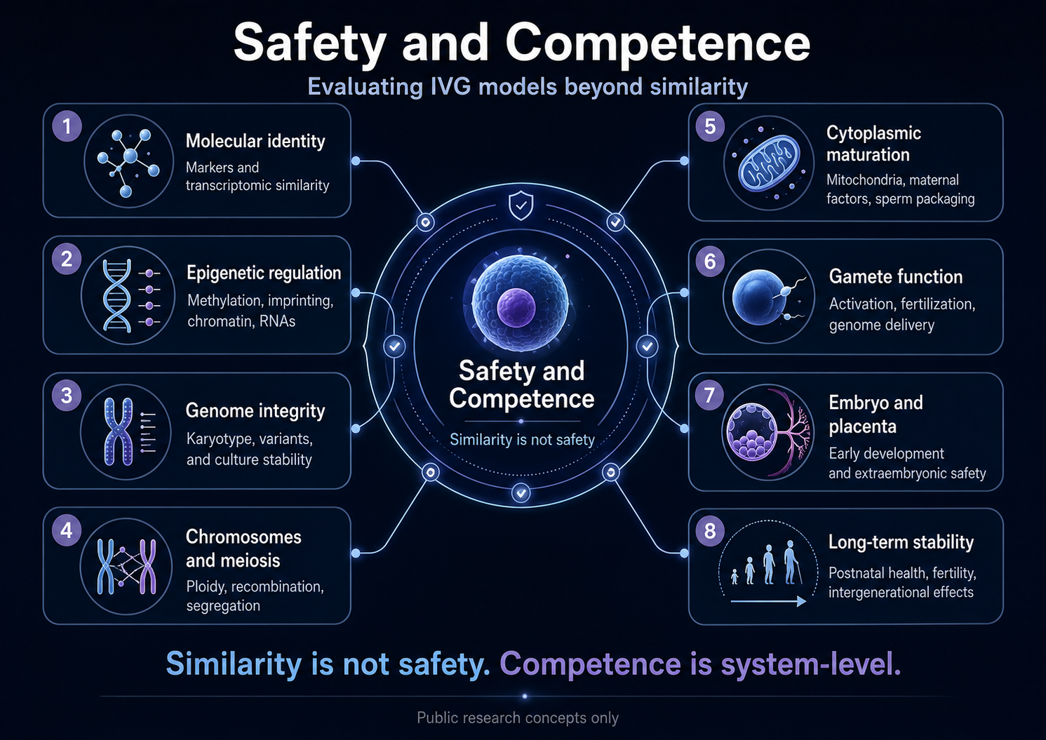 Safety and competence map showing eight layers for evaluating IVG models beyond similarity: molecular identity, epigenetic regulation, genome integrity, chromosomes and meiosis, cytoplasmic maturation, gamete function, embryo and placenta, and long-term stability.